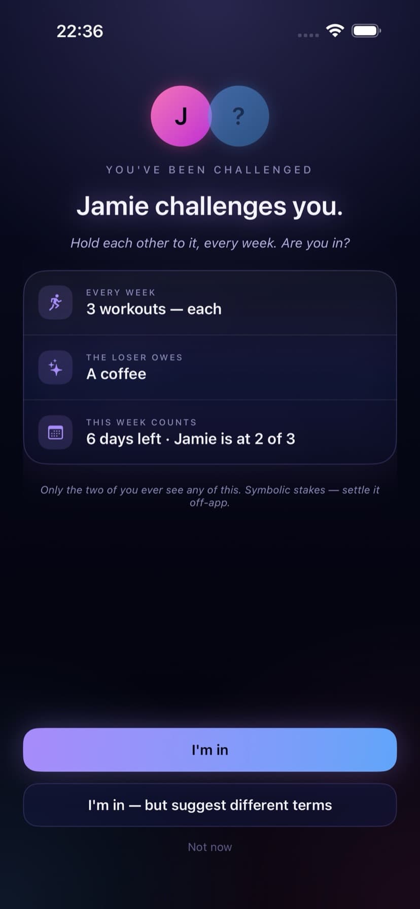 The challenge — 3 workouts a week each, the loser owes a coffee